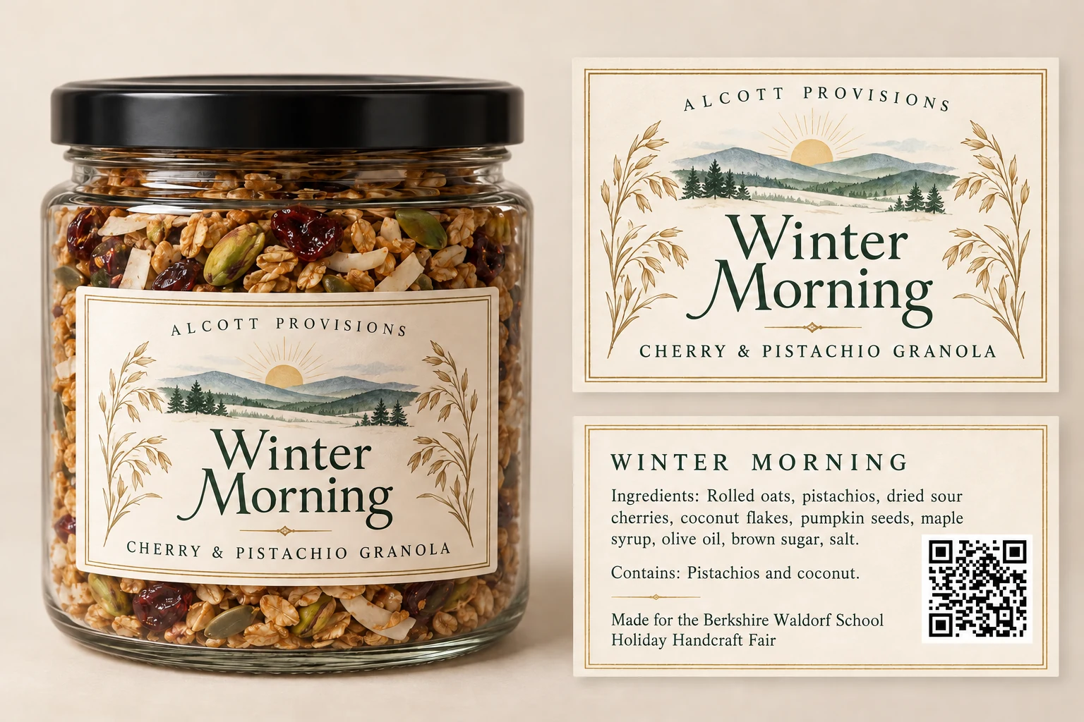 Winter Morning cherry and pistachio granola in a clear jar with a black lid and the Alcott Provisions mountain-and-sun label