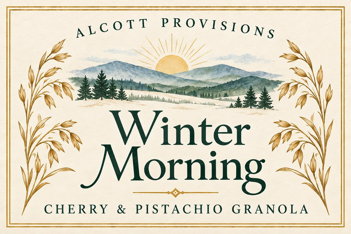 A golden sun rising over snowy Berkshire hills and evergreen trees